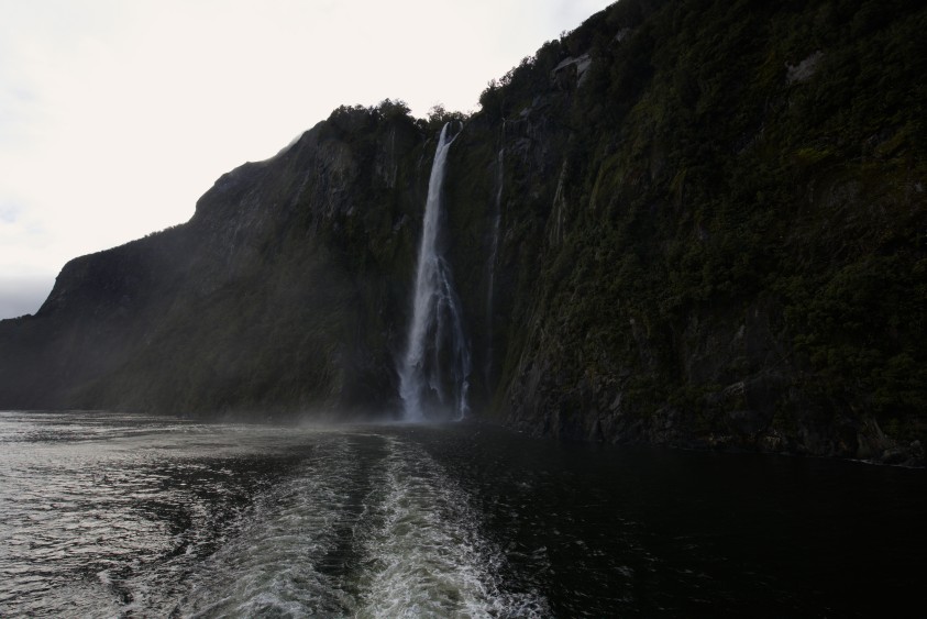 A waterfall dropping down a sheer cliff into Milford Sound, seen from the wake of the cruise boat
