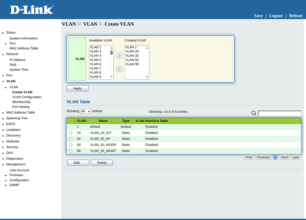 VLAN config page
