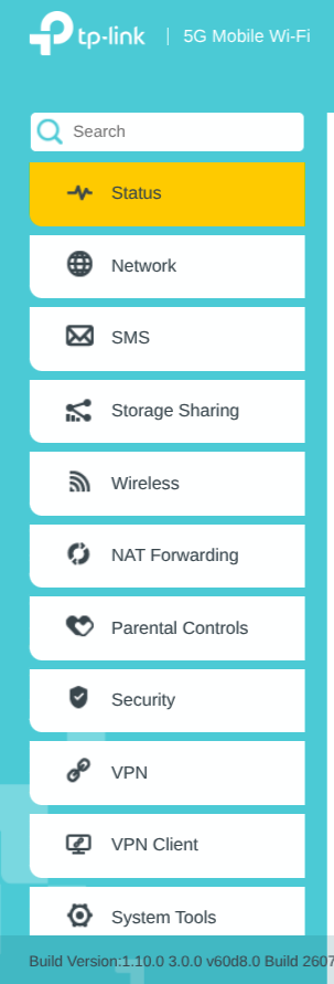M8550 admin Advanced menu: Status, Network, SMS, Storage Sharing, Wireless, NAT Forwarding, Parental Controls, Security, VPN, VPN Client, System Tools