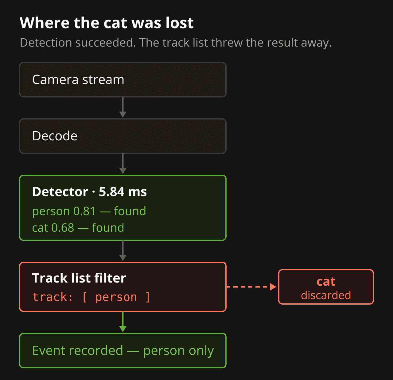 Diagram of a detection pipeline: the detector finds both a person and a cat, then a track list filter set to person only discards the cat before it can become an event.